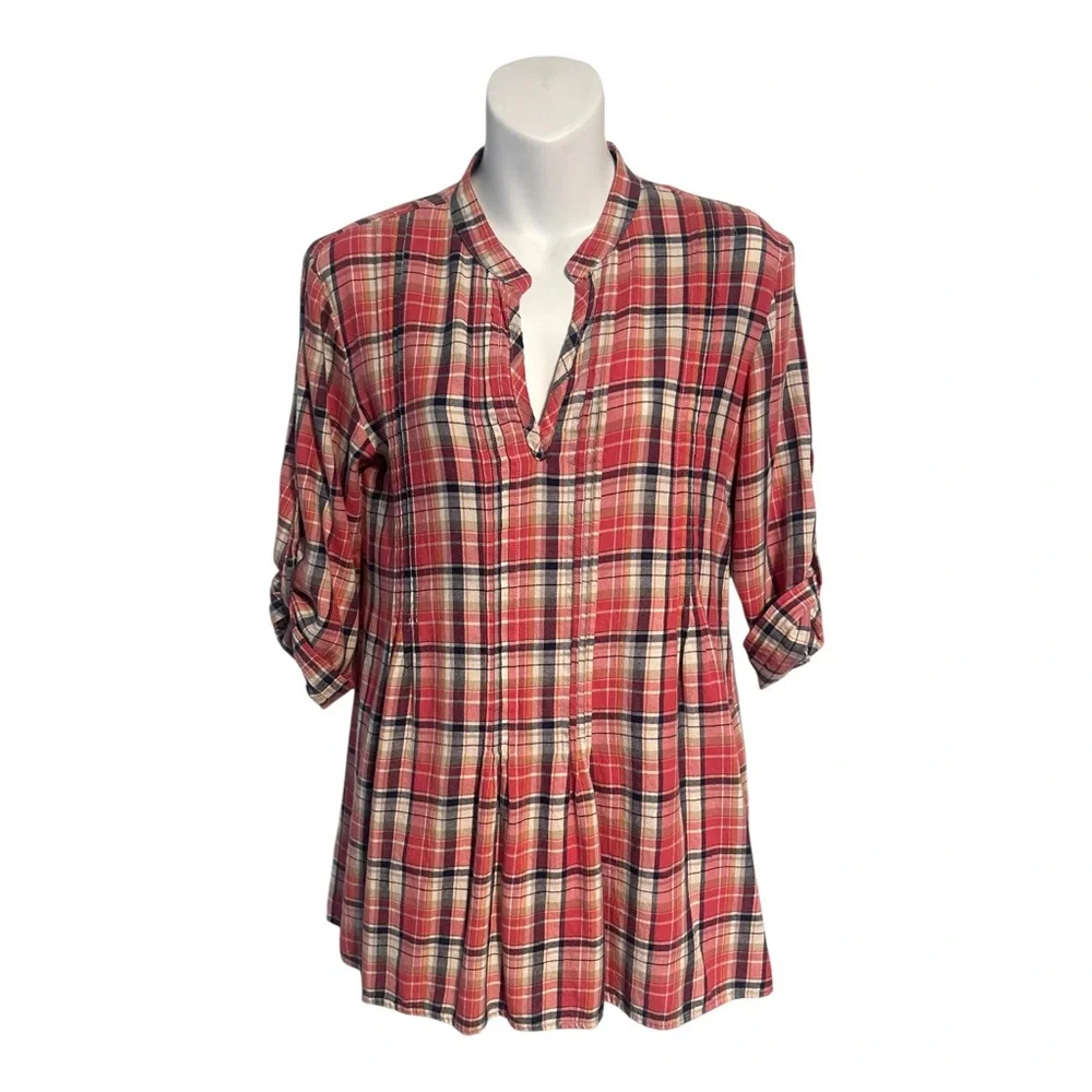 ALTAR'D STATE Plaid Tunic Pleated VNeck Cotton Top Blouse Size Small